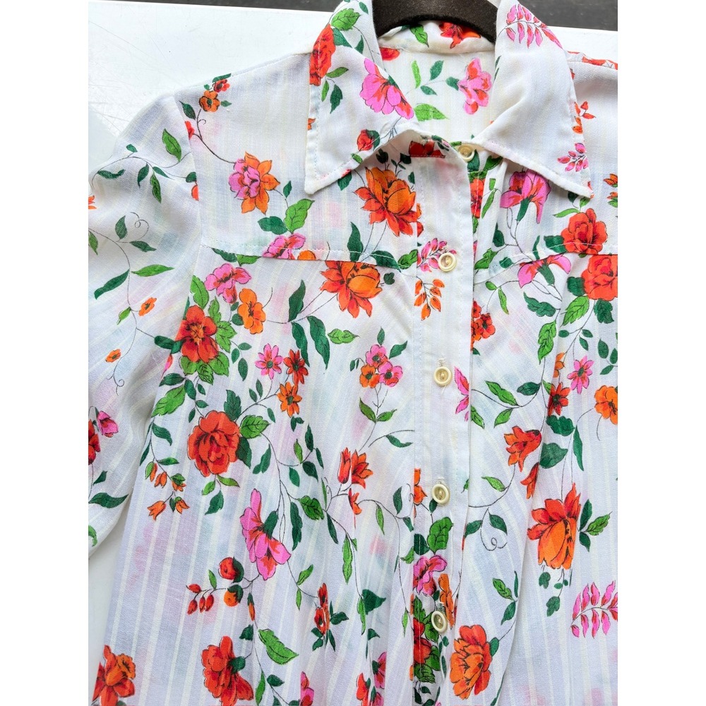 Vintage 70s Floral Striped Sheer Prairie Boho Mini Shirt Dress White Orange Pink - Picture 6 of 6